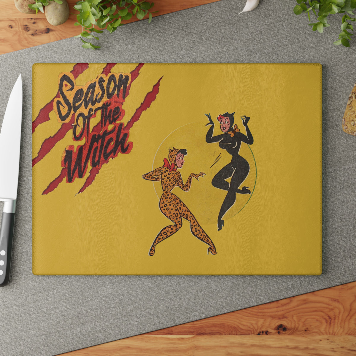 Season of the Witch Glass Cutting Board — Retro Pinup Halloween Kitchen Decor