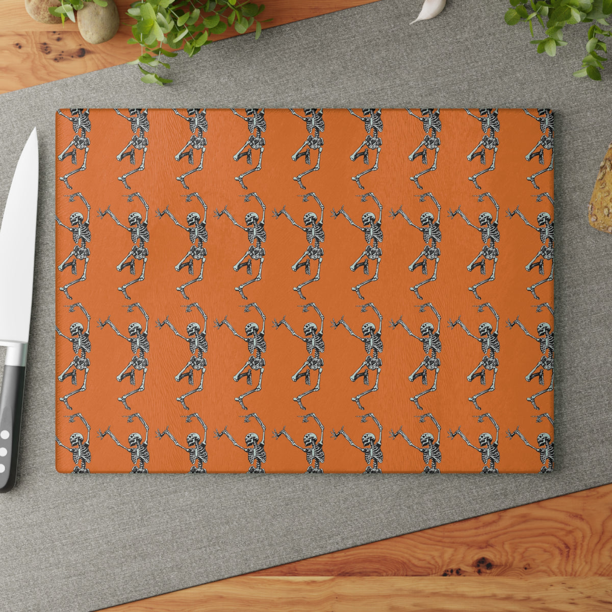 Orange Skeleton Glass Cutting Board— Halloween Kitchen Decor