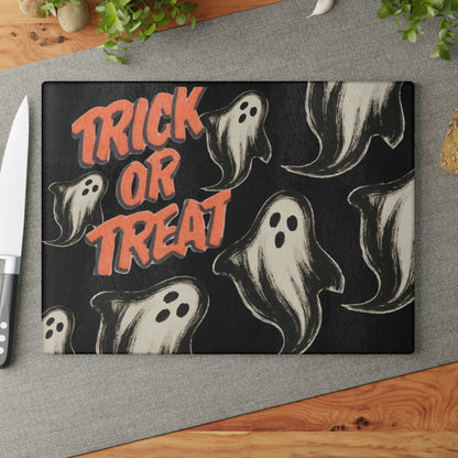 Trick or Treat Retro Ghost Glass Cutting Board — Halloween Kitchen Decor