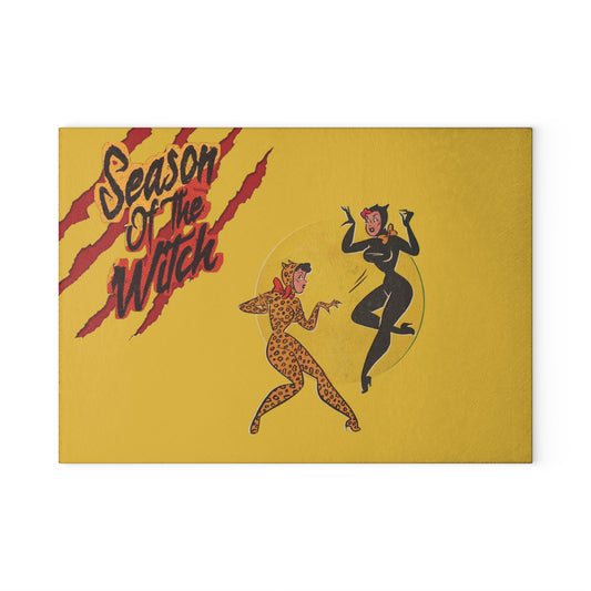Season of the Witch Glass Cutting Board — Retro Pinup Halloween Kitchen Decor