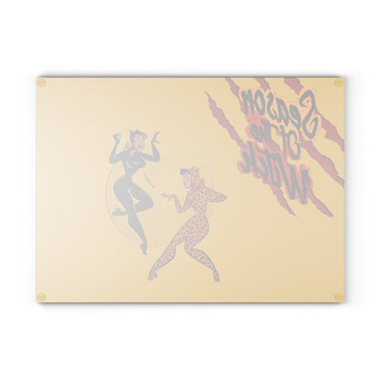 Season of the Witch Glass Cutting Board — Retro Pinup Halloween Kitchen Decor