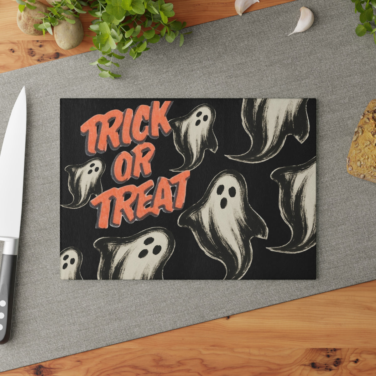 Trick or Treat Retro Ghost Glass Cutting Board — Halloween Kitchen Decor