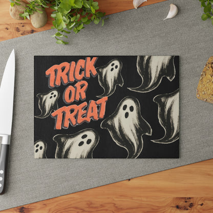 Trick or Treat Retro Ghost Glass Cutting Board — Halloween Kitchen Decor