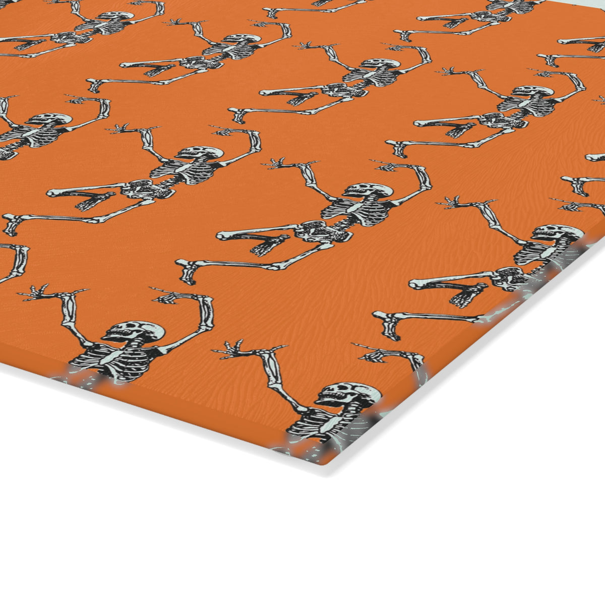 Orange Skeleton Glass Cutting Board— Halloween Kitchen Decor