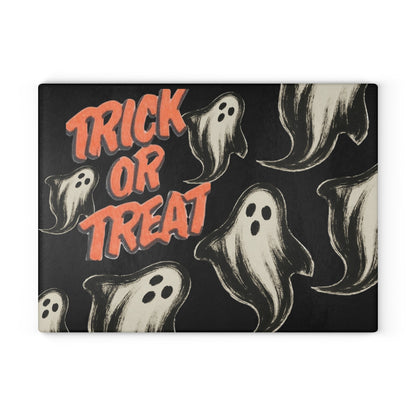Trick or Treat Retro Ghost Glass Cutting Board — Halloween Kitchen Decor